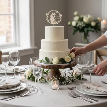 Personalisierter Caketopper aus Birkenholz mit zwei Vornamen und Datum, filigran gelasert und auf einer Hochzeitstorte präsentiert.